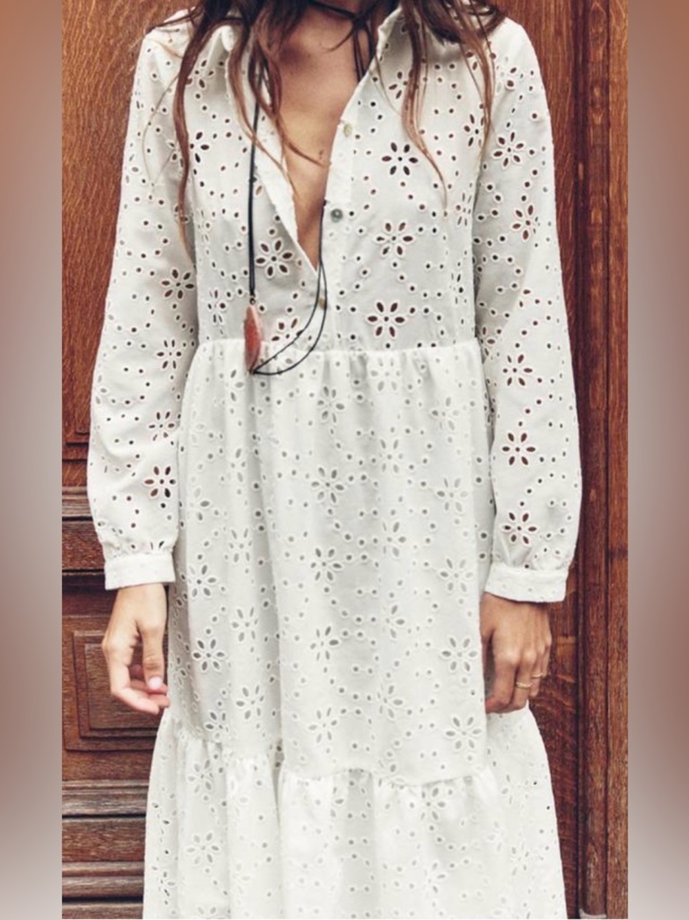 NEW Zara Cutwork Embroidered Midi Dress long sleeves collared boho chic street L - Picture 2 of 9